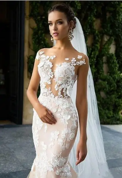 WF049羽レースマーメイドウェディングドレス付きイリュージョンベール