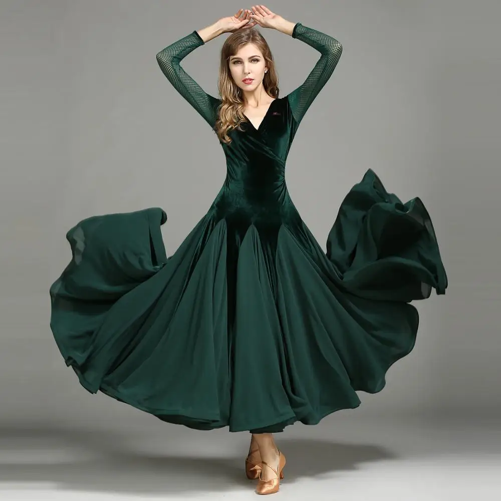 yf-my750 女性女士成人天鹅绒纱布拼接舞蹈连衣裙华尔兹探戈舞厅服装