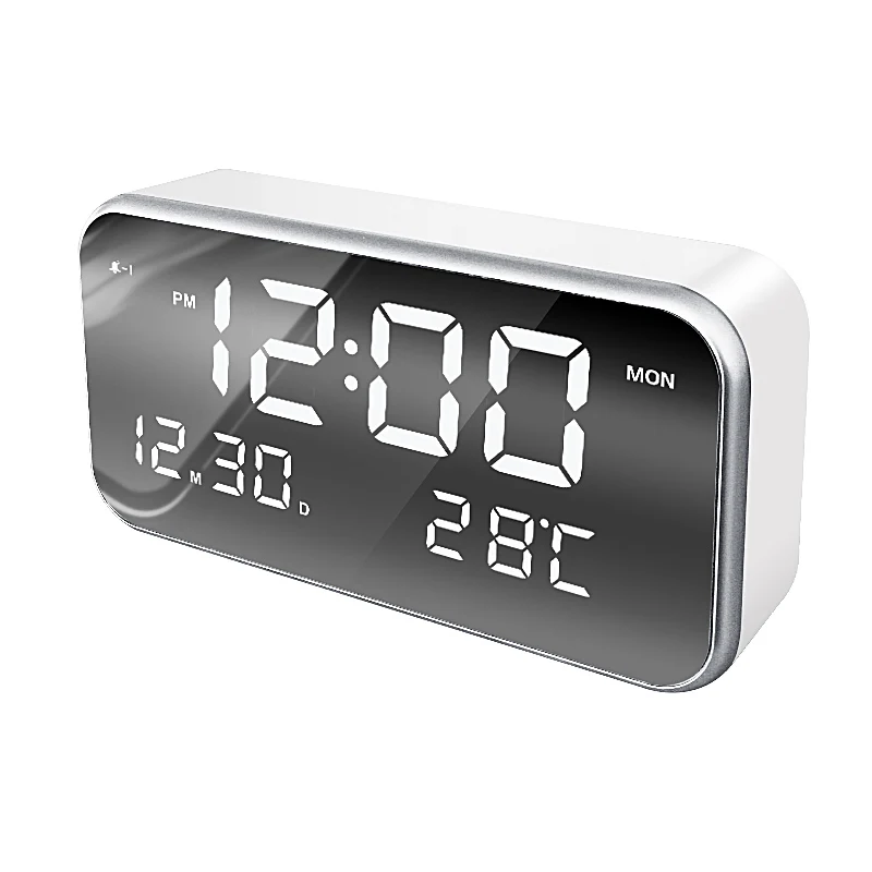 Large LED Alarm Clock Mirror Effect Music Clock 2018 Best Seller 3 Alarm Calendar Dim Light with  Temperature Display