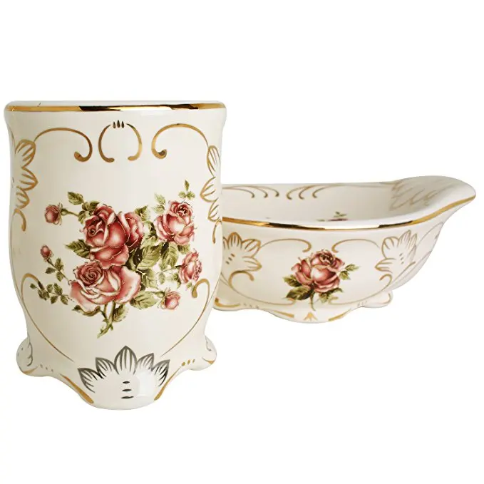 5piece Ceramic Red Rose Bathroom Accessories Set With Soap Dispenser