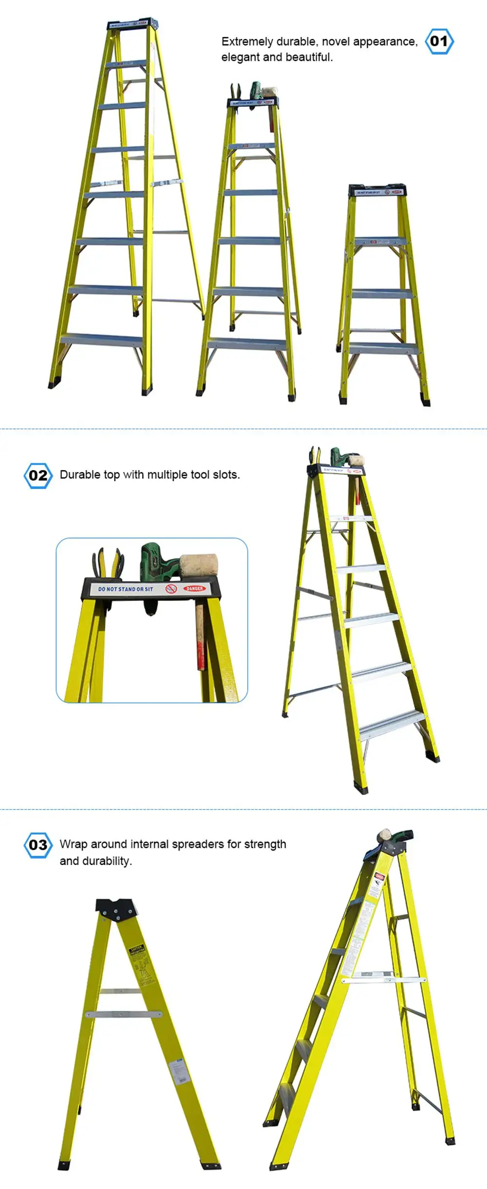 Multi Purpose Three Five 3 4 5 6 7 Step Layers Single Side Wide Fiberglass Climbing Step Ladder