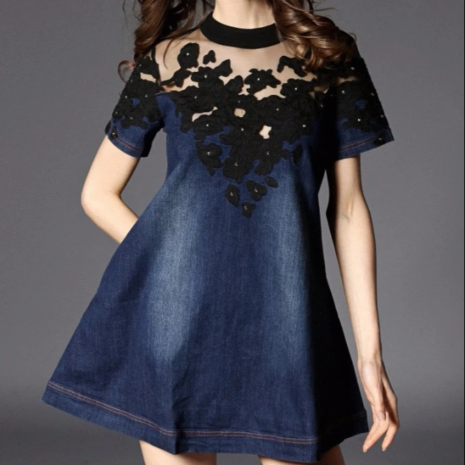 Summer Navy Blue Patchwork Lace Denim 