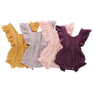 Hot Sale Wholesale Kids Clothes Infant Girls Solid Color Flutter Sleeve Bodysuit Baby Muslin Cotton Clothes Romper