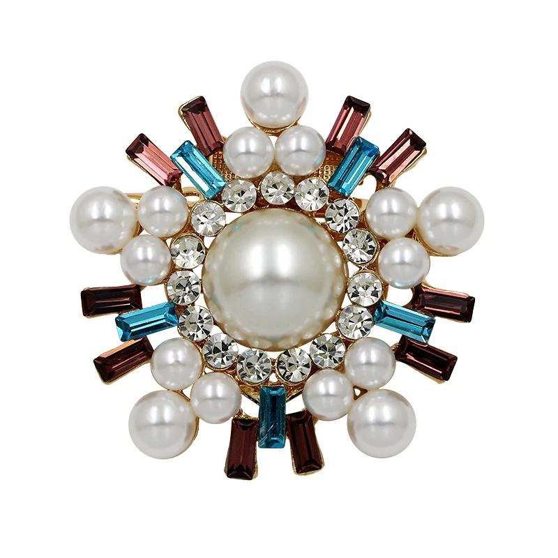 Multi Color Simulated Pearl and Crystal Round Shape Brooches or Scarf Clips  for Women