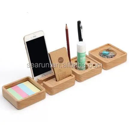 Набор из 4 деревянных настольных органайзеров, офисные канцелярские принадлежности, зажим для ручек, держатель для карт, деревянная подставка для мобильного телефона