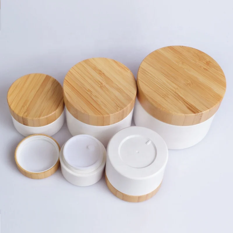 Luxury cosmetic 20g 30g 50g 100g 150g PP plastic skin care cream jar with bamboo wood cap