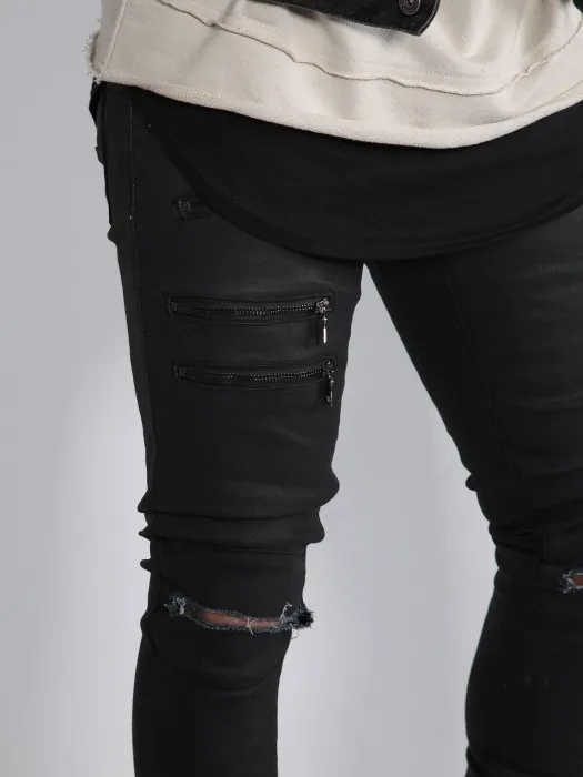 Washed Ripped Jeans Zippered Men's Casual Trousers