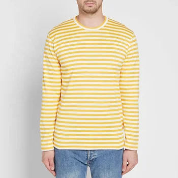 Men Custom Printed Long Sleeve 100% Cotton Yellow White Striped T Shirt