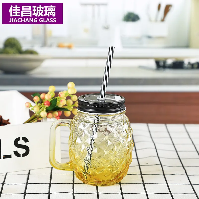 Pineapple-Shaped Mason Jar Mug Glasses with Handles, Straws & Lids