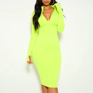 Neon Lime Green High Neck Women Long SleeveSport Dress Knee Length Dresses