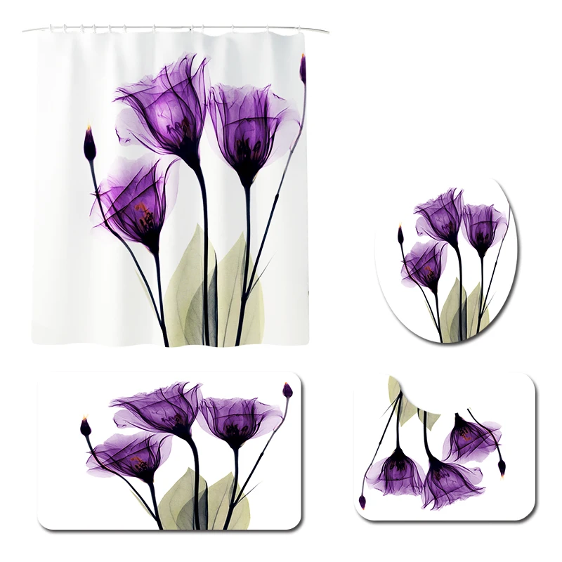 4 PCS Floral Lavender Shower Curtain Sets with Non-Slip Rugs