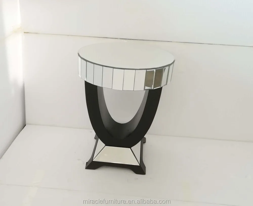 Black Wood Base Round Mirrored Corner Side Table for Living Room Furniture