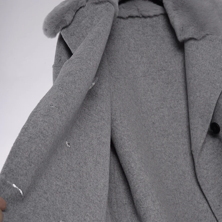 Онлайн оптом Европа США Мода Женский кашемировый длинный женщины носят Полушерстяное пальто для открытого воздуха Шинель куртка с мехом на