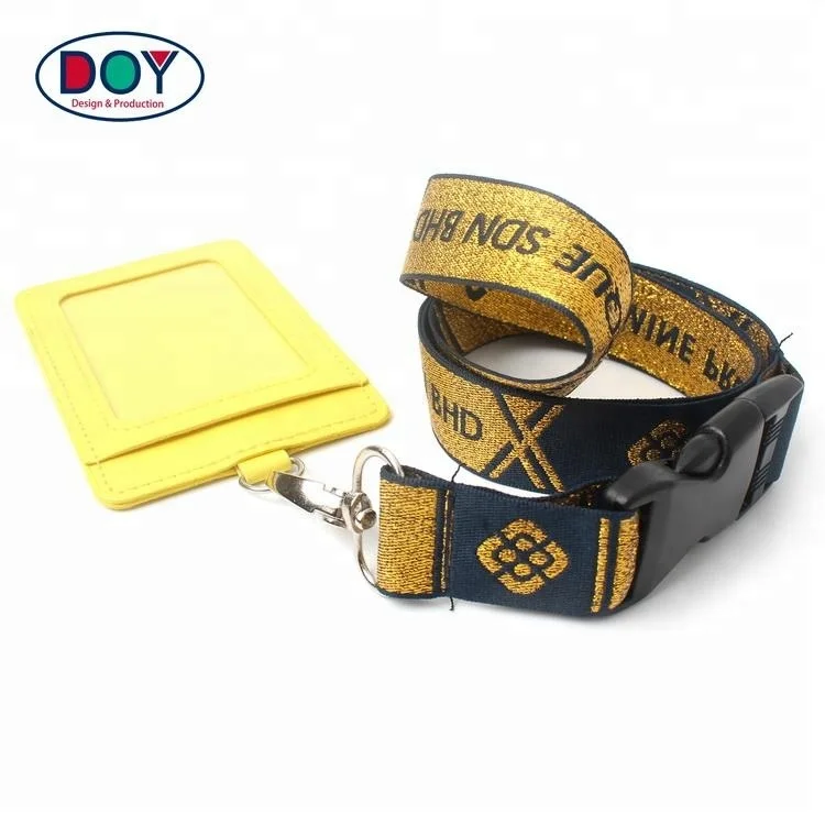 Free Sample Customized Label Logo Golden Metallic Thread Breakaway Woven Neck Lanyard With ID Holder