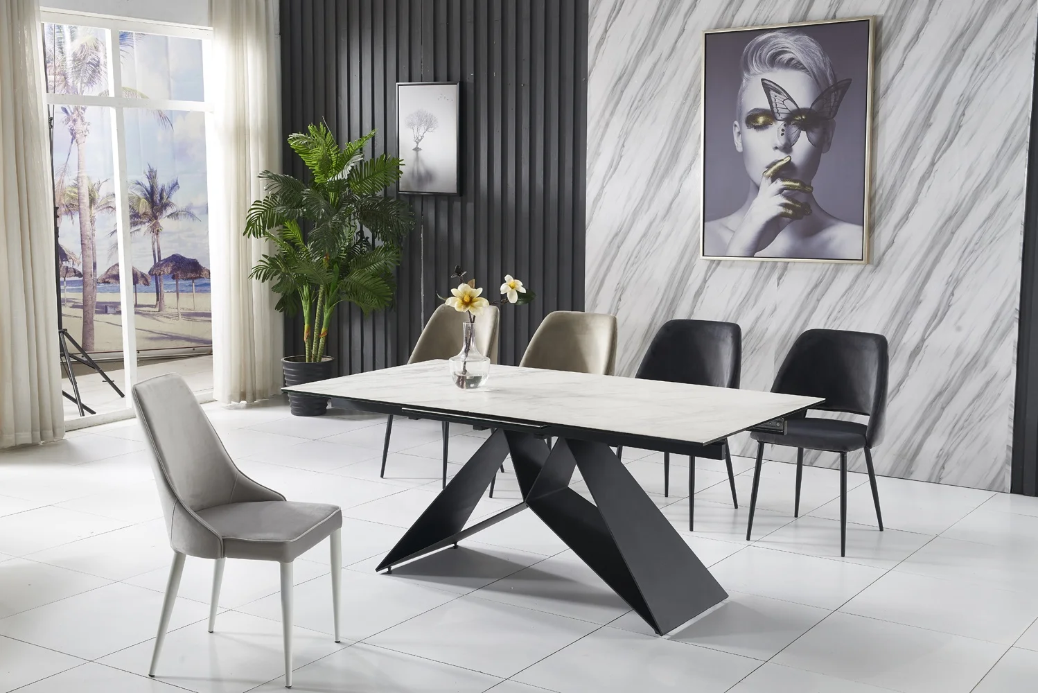Strong Modern Metal Feet Imported Ceramic Glass Top Extendable Dining Table with Smart Sliding System