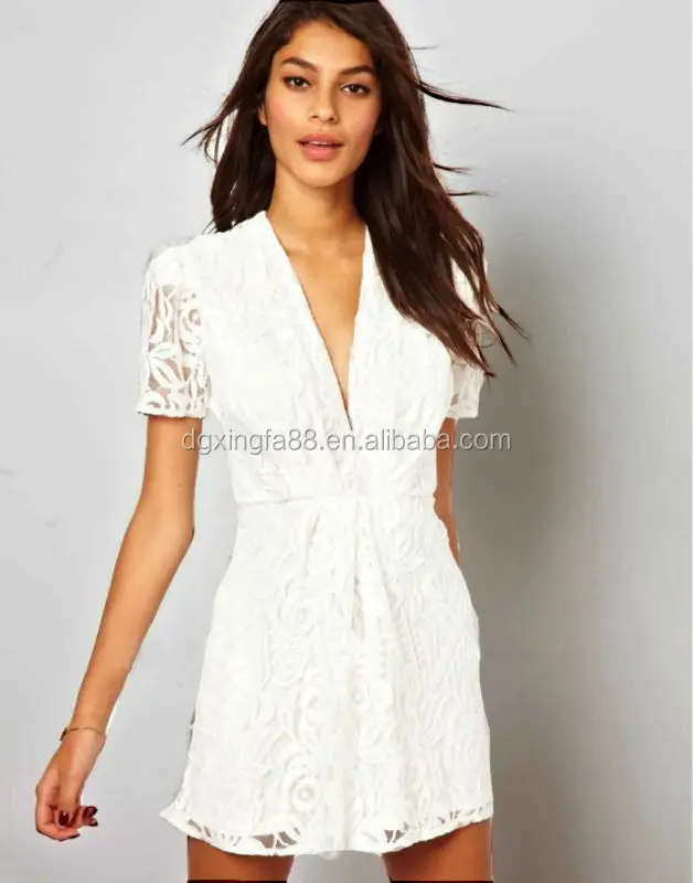 Latest Dress Pattern Elegant V Neck Short Sleeve Crochet One Piece White Lace Short Dress Buy Lace Short Dress White Lace Short Dress One Piece White Lace Short Dress Product On Alibaba Com