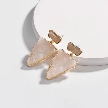 2022 New Arrival Gold Filled Agate Druzy Stone Dangle Drop Earring Natural Blue Triangle Quartz Drop Earrings