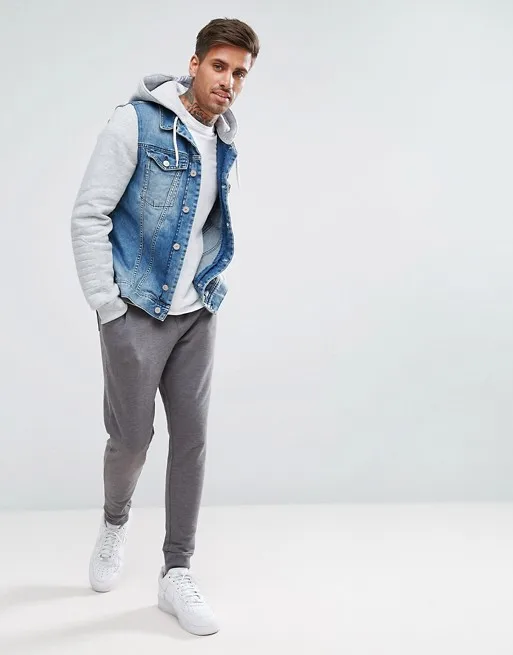 KY Cotton Spread Collar Button Placket Wholesale Denim Jacket Men With Jersey Sleeves Hood