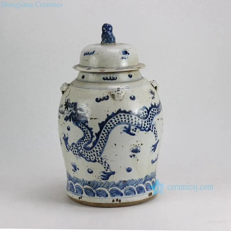 RZEY12 Series Antique Traditional Hand Painted Blue and White Dragon Ceramic Floor Vase with Lion Knob