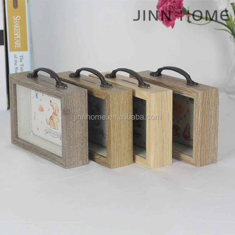 Shadow Money Box for Saving Coin Decorative Piggy Bank Box Rustic Wooden with Metal Handle for Audit or Kids Gift