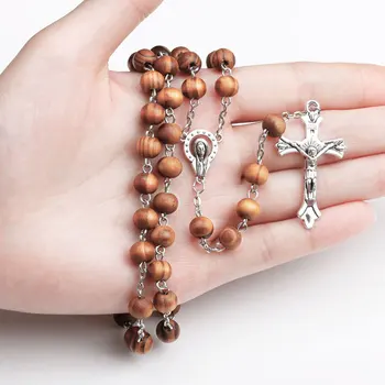 N0802 Popular European Jewelry Catholic wooden beads necklace Unique design Jesus cross Necklace Rosary necklace