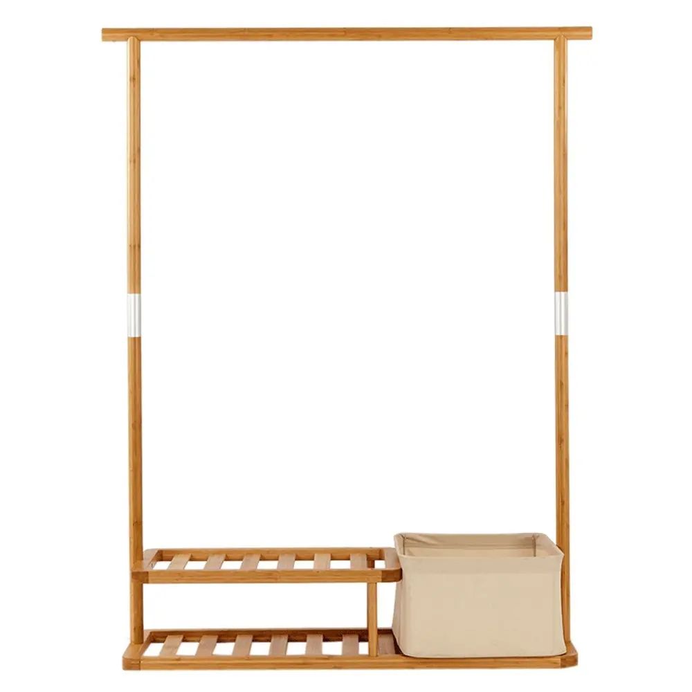 Custom Wooden Coat Hanging Rack With Portable Laundry Basket Bamboo