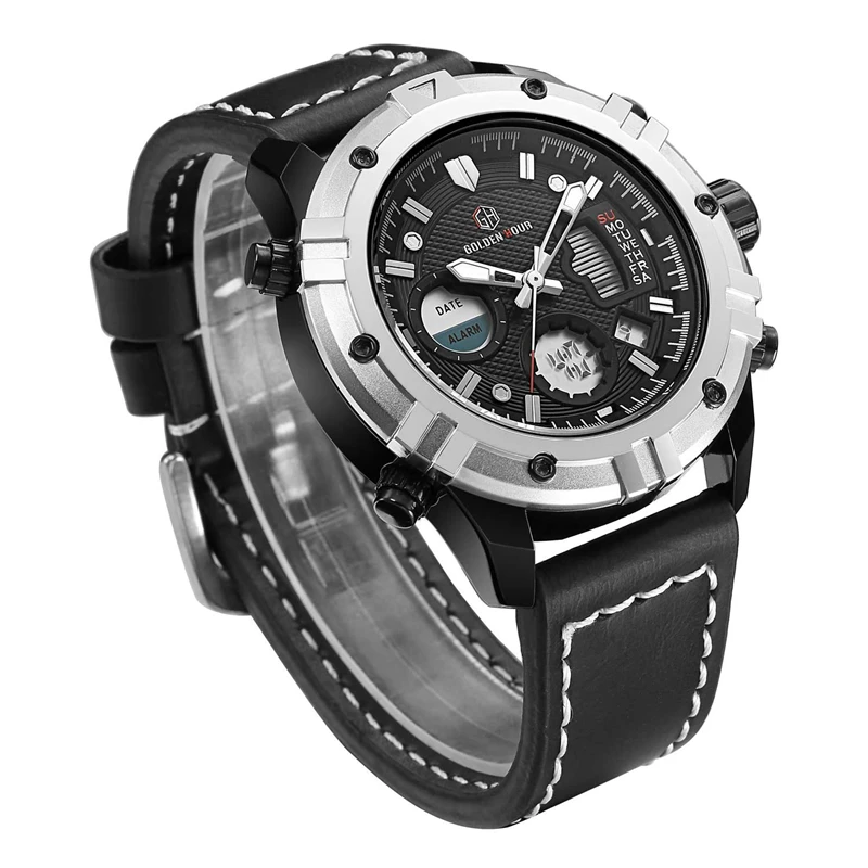 GOLDEN HOURSQuartz Dual Time Watch Men Date Week Alarm Multifunction Fashion Sports Leather Strap Wrist Watches