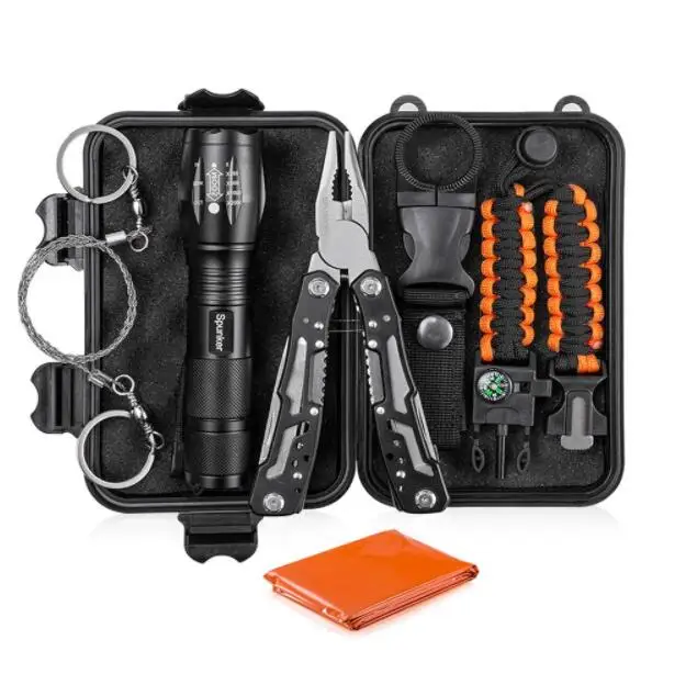 Outdoor Camping EDC Tools Emergency Survival Kit with Flashlight Survival Bracelet Emergency Blanket Wire Saw