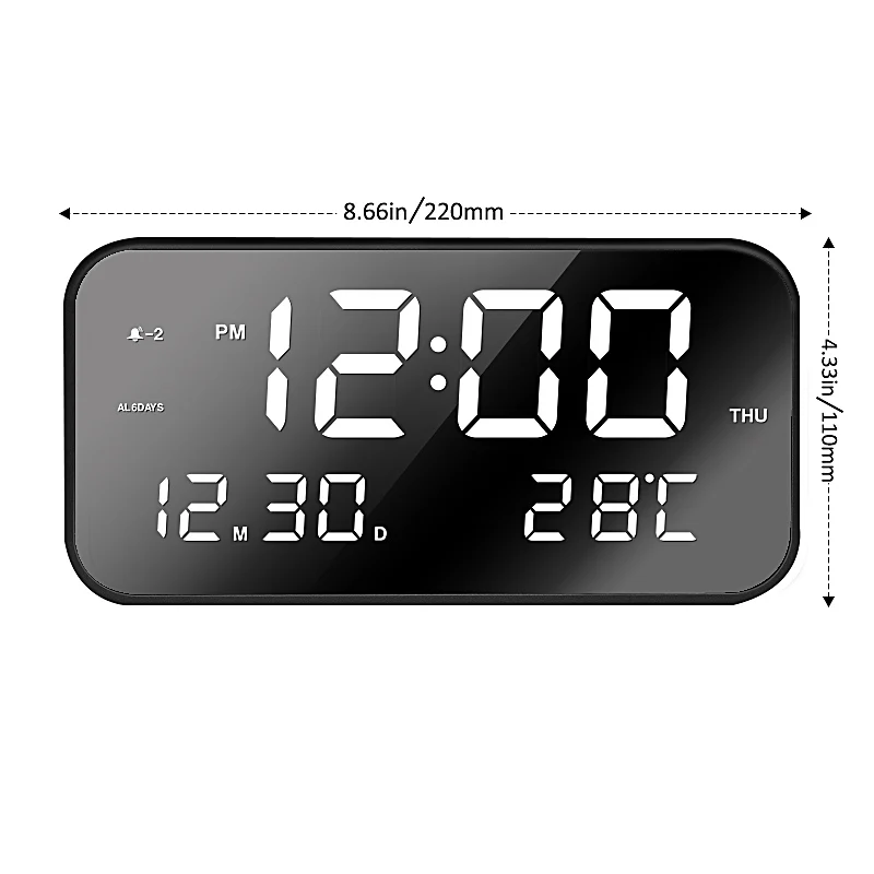 Large LED Alarm Clock Mirror Effect Music Clock 2018 Best Seller 3 Alarm Calendar Dim Light with  Temperature Display