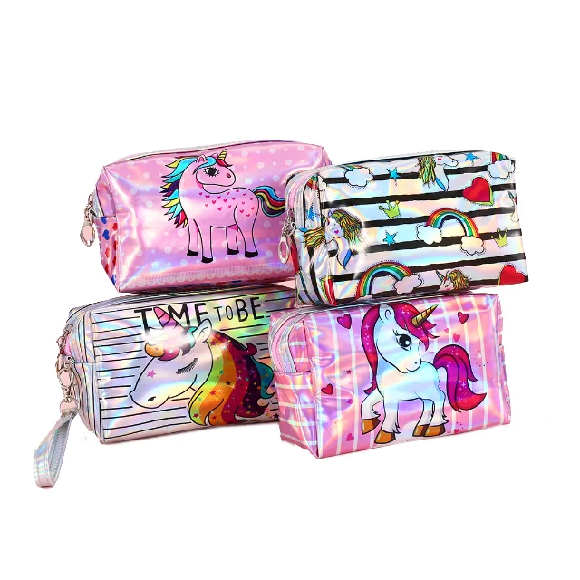 Hot Selling Promotional Hologram Laser Unicorn Prints Cosmetic Bag Pouch Coin Purse With Strap Makeup Wash Bag