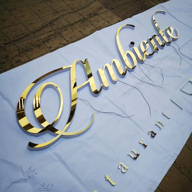 Горячая продажа Золотой хром зеркало с подсветкой и боковым освещением канал письмо для ресторана вывески