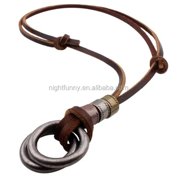 Genuine Leather Vintage Silver Brown Alloy Double Rings Adjustable Pendant Necklace
