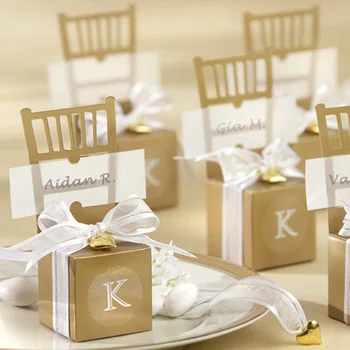 Wedding Supplies Miniature Gold Chair with Heart Charm and Ribbon Favor Box