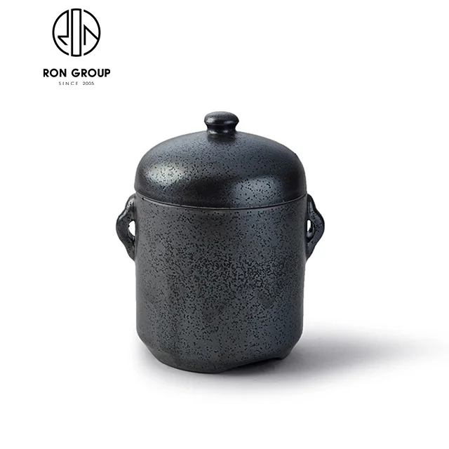 Japanese Style Crockery Ceramic Custom Steamed Egg Cup for Restaurant Black Mushi Cups With Lid
