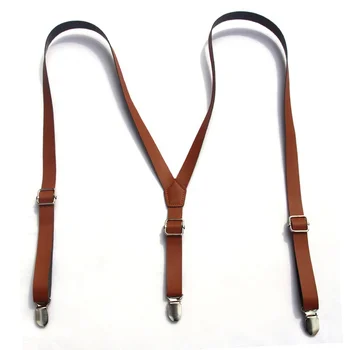 Hot Sale Khaki Color 2cm x120cm With 3 Clips PU Leather Adjustable Strong Suspenders With Metal Clips For Men