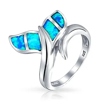 Silver Ocean Jewelry 925 Sterling Silver Sea Life Blue Fire Opal Whale Tail Ring