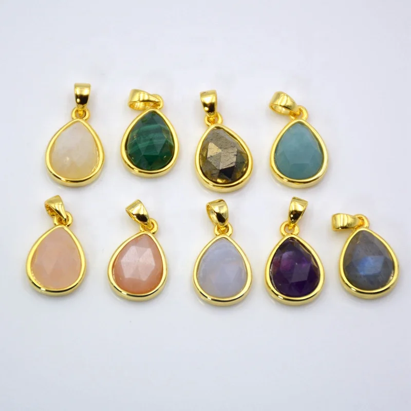 Teardrop Tiny Bezel Pendant Gold Plated Drop Natural Faceted Pear Gemstone  Beads Amethyst Amazonite Necklace Jewelry Charms