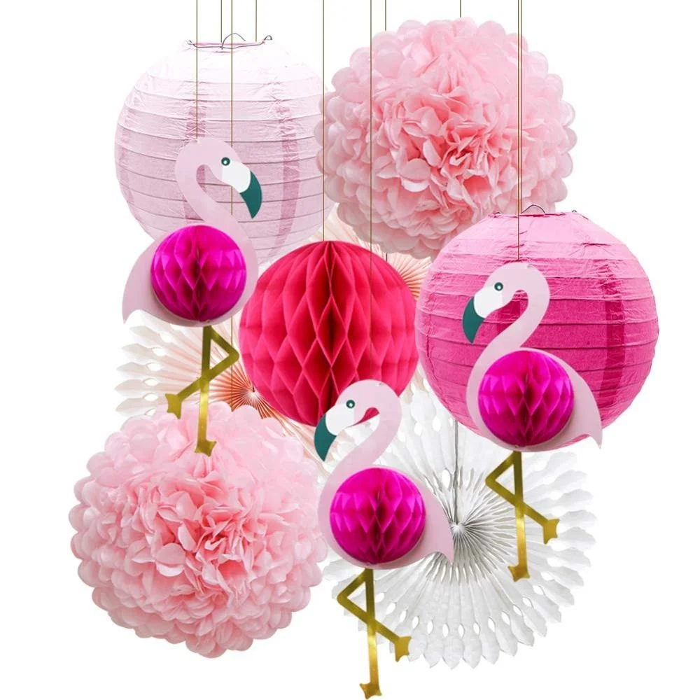 anniversaire lanternes en papier fleurs en papier bannière flamant rose pour Hawaii Whaline Flamingo Ensemble de décoration fête en forme de nid dabeille Motif pompons en papier plage 