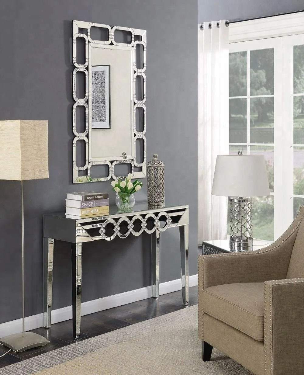 Modern Loughton Living Room Mirrored Furniture Console Table With Wall Mirror