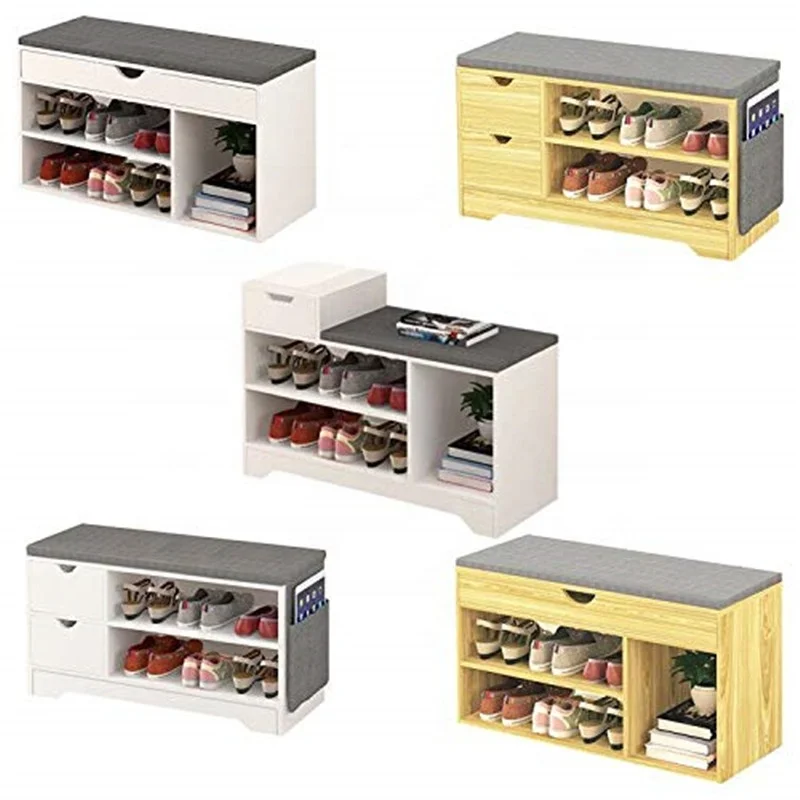 Beech 2 Drawers Hallway Shoe Storage Bench,Shoes Cabinet White//Oak Shoe Rack with Drawer and Seat Cushion Wooden
