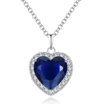 Women Trendy Love Jewelry Sapphire Heart of the Ocean Necklace Blue Crystal Heart Pendant Necklace