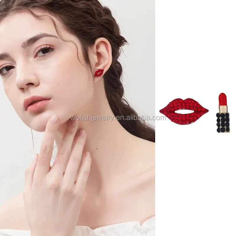 fashion sexy red lips lipstick stud earrings asymmetric diamond