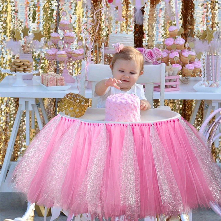 Lavish Baby Shower Birthday Wedding Party Bar Decor for Disney Princess Baby Pink COUTUDI Valentine Tutu Tulle Table Skirt Pleated Ruffle Tableware Cover Cloth 