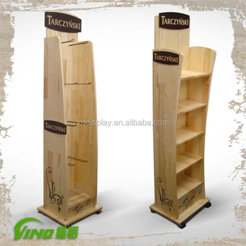 Retail Floor Display Stand, Supermarket Wooden Shelf rack , Promotion Display with wheels