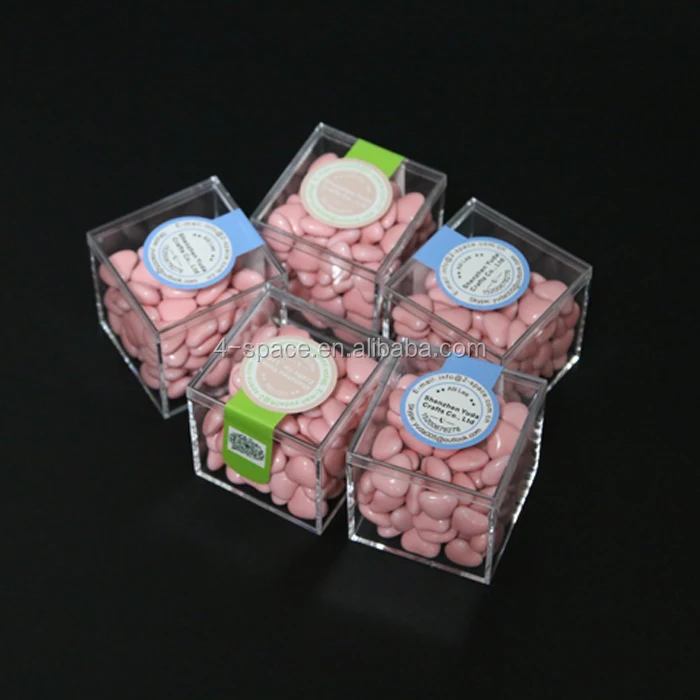 Clear Cube Shaped Box with Hinged Lid and Personalized Label Crystal Clear Acrylic Favor Box