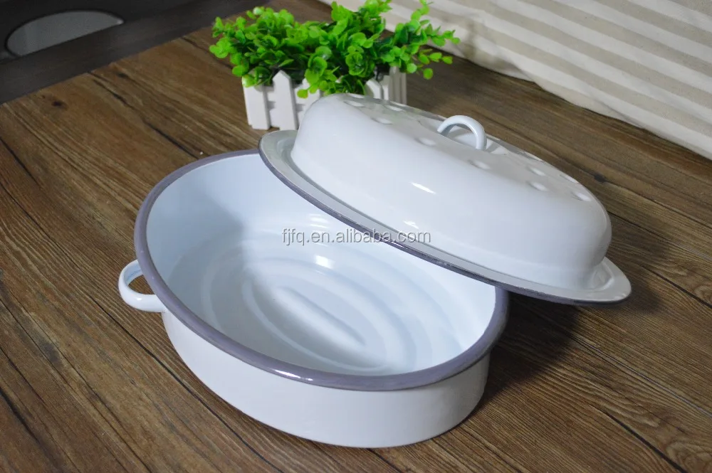 Oval Enamel Casseroles Enamel Roaster Pan  with Lid Camping Enamel Pot