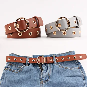 Casual Punk Black White Brown Eyelets PU Leather Belt For Women Female Gold Round Pin Buckle Wide Jean Waist Belt Loops