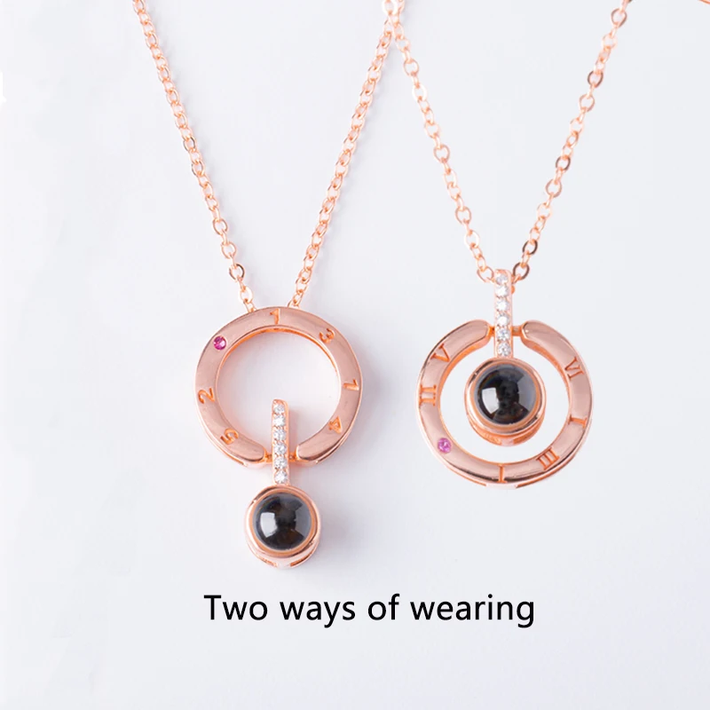 Romantic Memory Rose Gold Letter Round Crystal Pendant Necklace 100 Languages Projection I Love You Necklace for Lover Couples