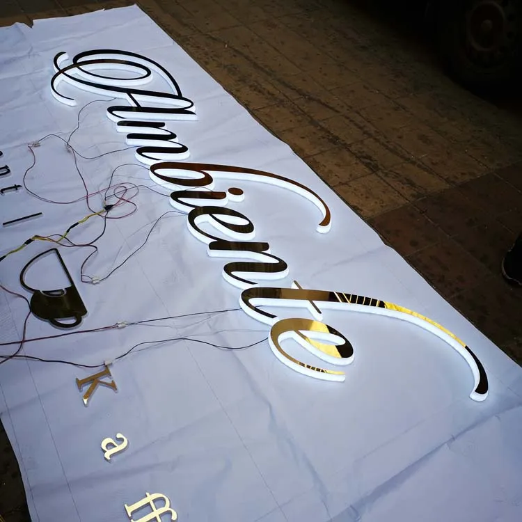 Горячая продажа Золотой хром зеркало с подсветкой и боковым освещением канал письмо для ресторана вывески