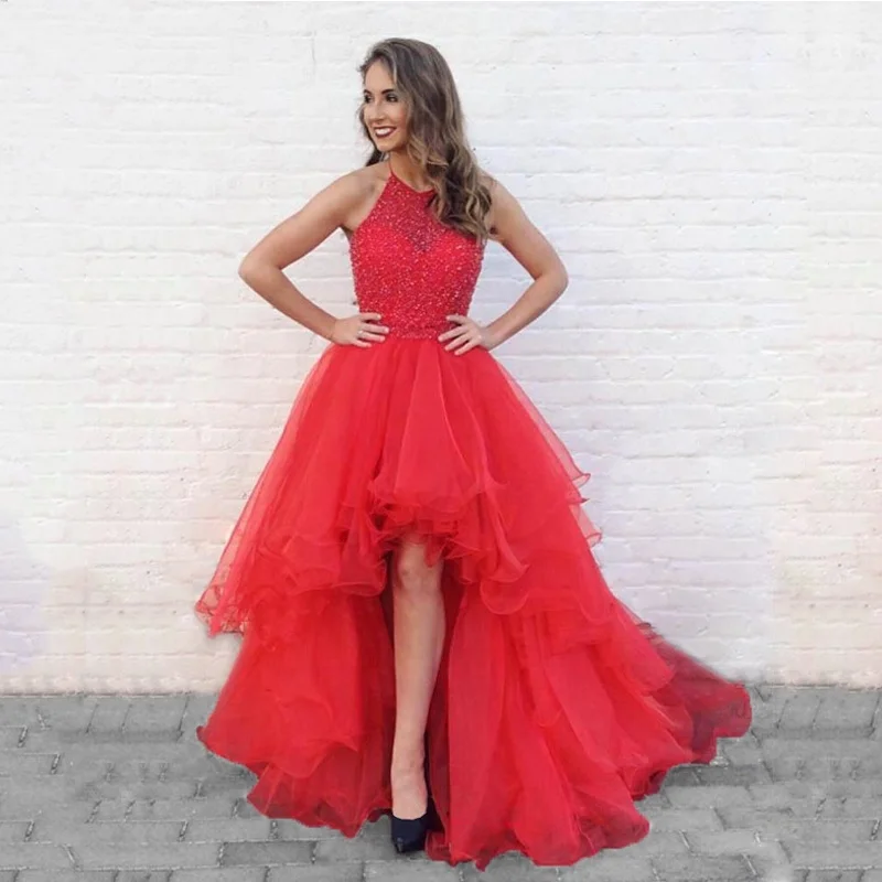 Front Short Long Back Chaozhou Halter Beaded Women Evening Dresses